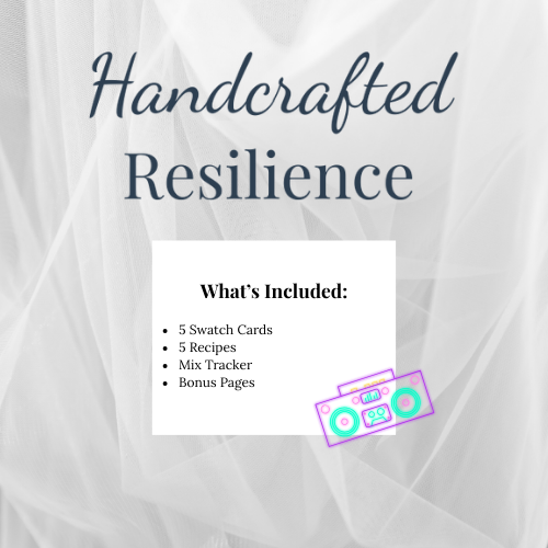 Handcrafted Resilience product description with swatch cards, recipes, mix tracker, and bonus pages on a light gray background.