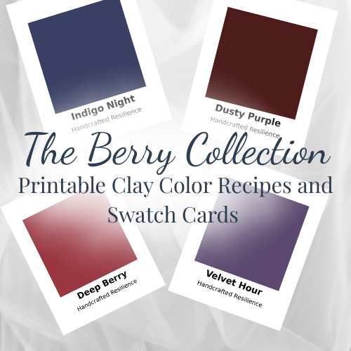 Four swatch cards with color names and swatches, labeled 'Indigo Night', 'Dusty Purple', 'Deep Berry', and 'Velvet Hour'.