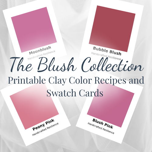 Four swatch cards with pink shades labeled 'Moonblush', 'Bubble Blush', 'Peony Pink', and 'Blush Pink' on a light gray background.