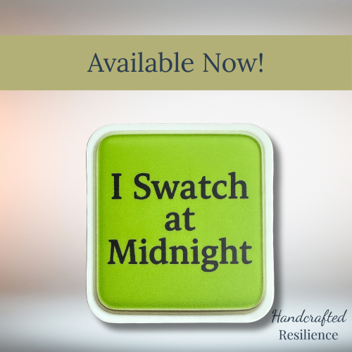 Green swatch sticker with text 'I Swatch at Midnight' on a gradient background