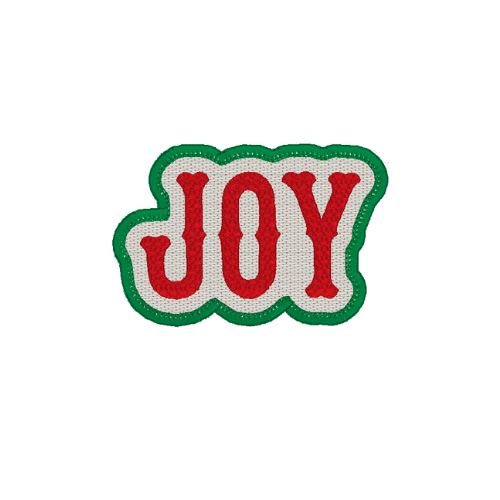 Embroidered patch with 'JOY' text on a white background