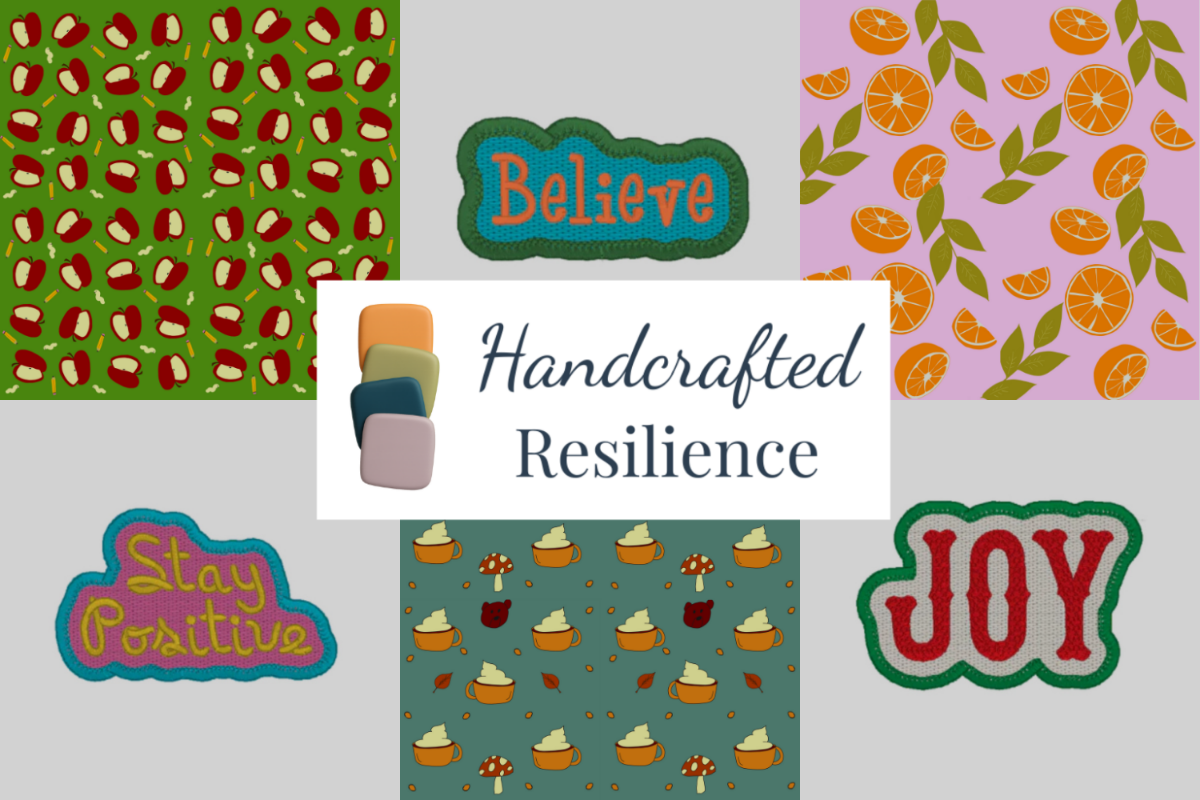 Collection of colorful fabric swatches with motivational text and patterns on a white background.