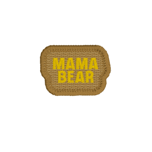 Knitted brown patch with 'MAMA BEAR' in yellow text on a white background
